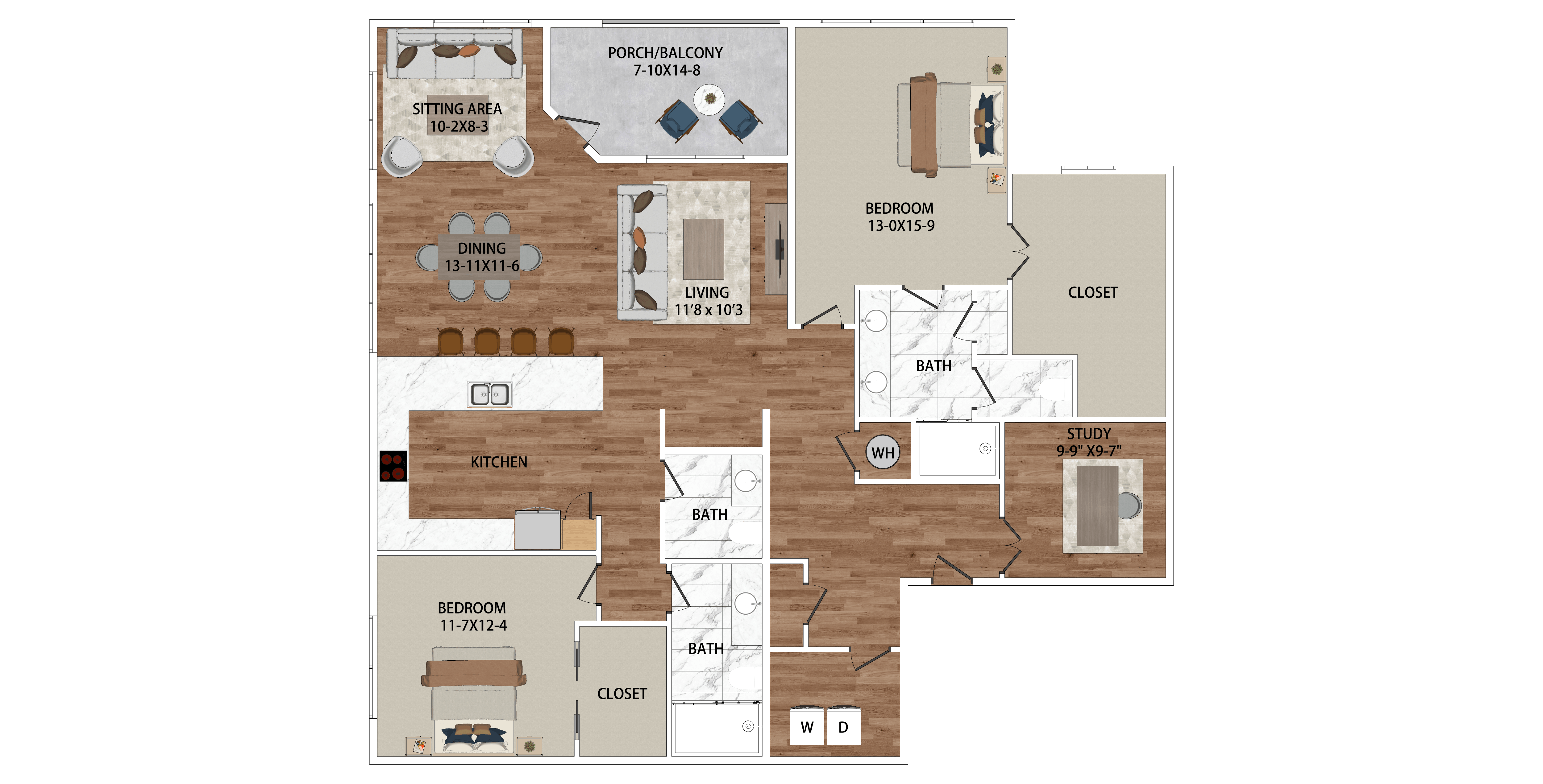 Floor plan for 2 beds, 2.5 baths, 1888 sqft